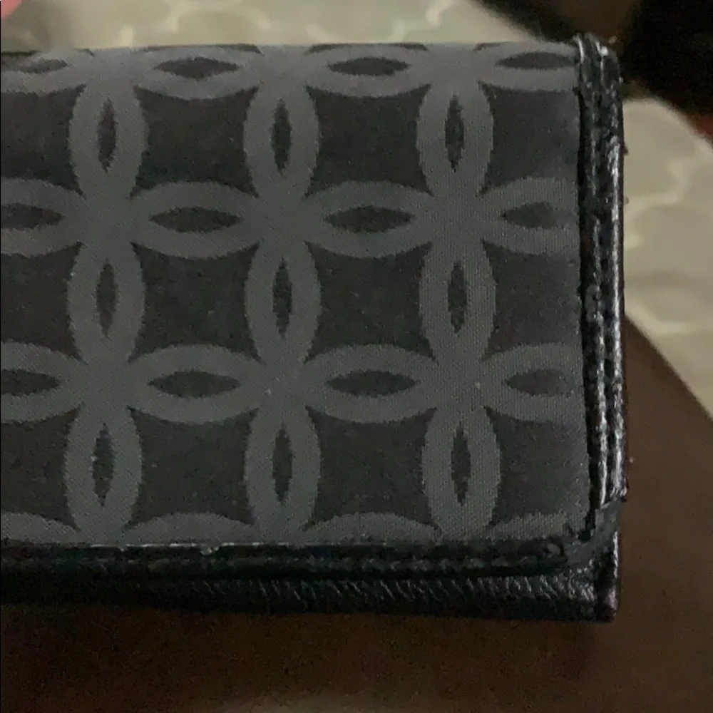 Black faux leather wallet w/fabric on front